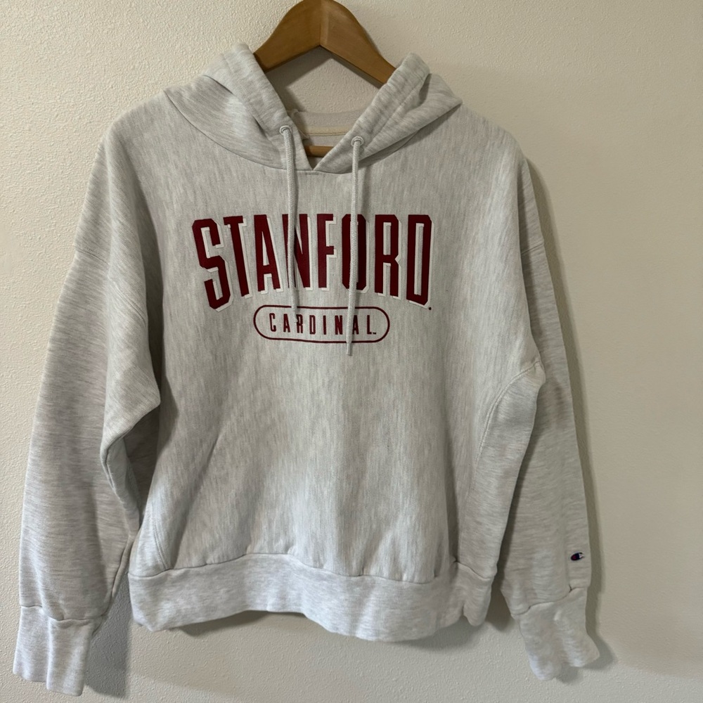 Stanford Cardinal Champion Reverse Weave Graphic Hoodie Heather Gray Red-Medium
